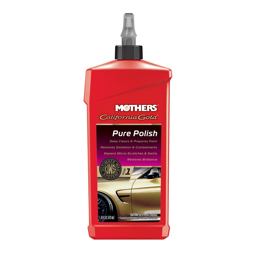 Red bottle of Mothers California Gold Pure Polish on a white background