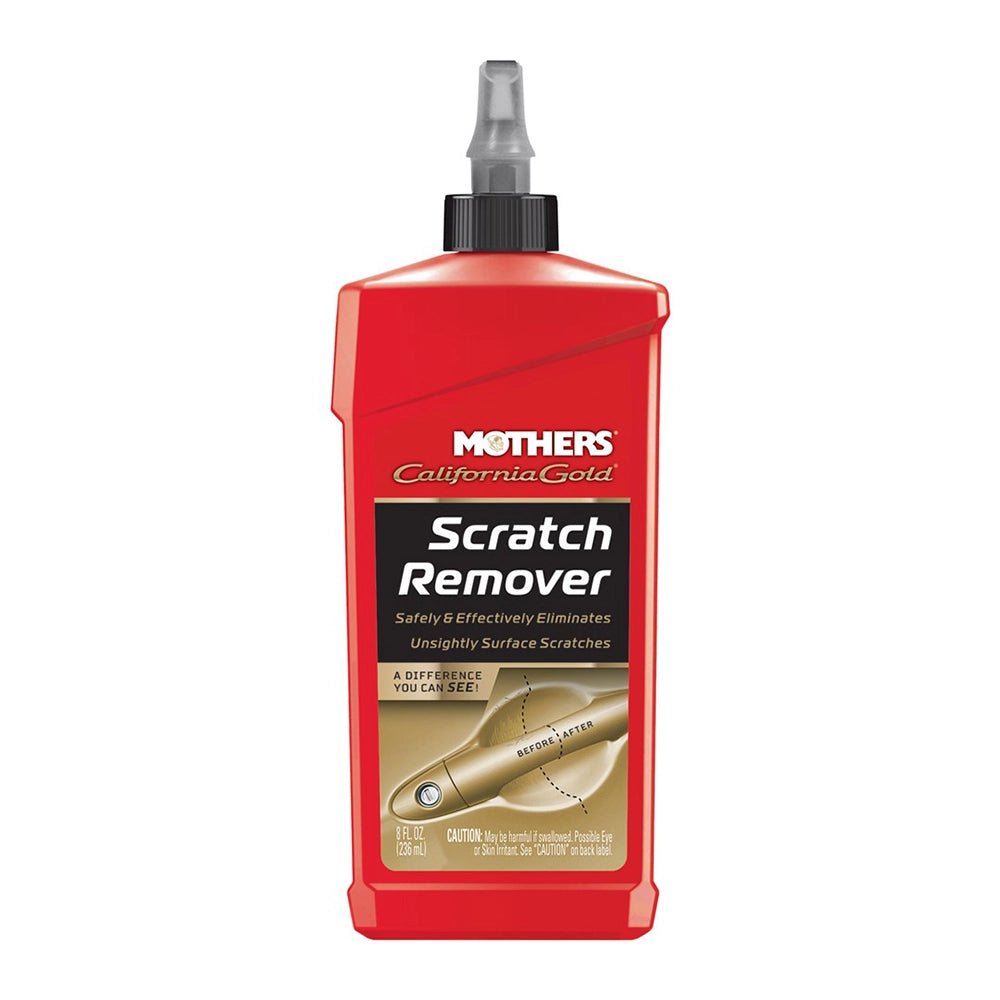 Red bottle of Mothers Scratch Remover on a white background