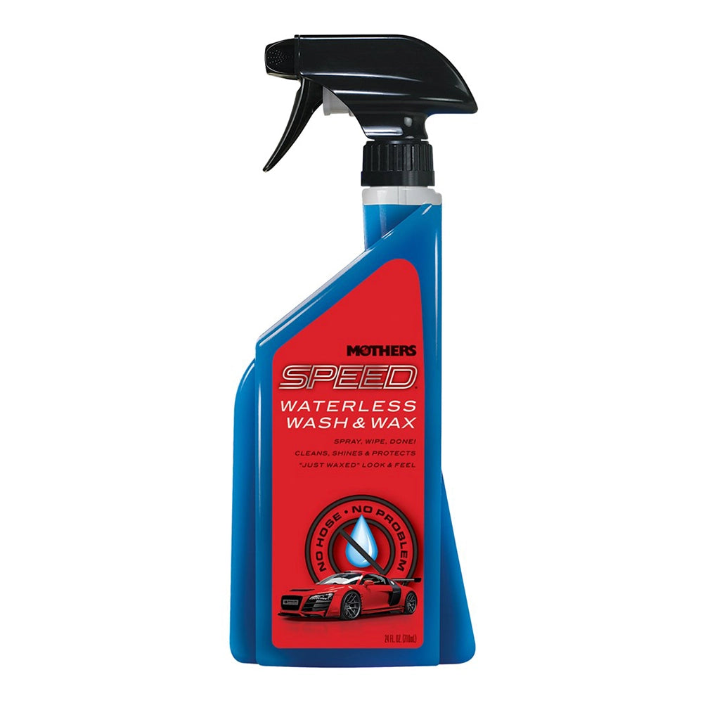 A bottle of Mothers Speed Waterless Wash & Wax with a black spray nozzle on a blue and red label, indicating that it cleans, shines, and waxes vehicles.