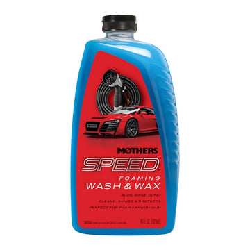 A bottle of Mothers Speed Foaming Wash & Wax with a blue and red label, featuring an image of a car on the front.