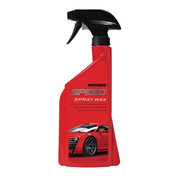 A red spray bottle of Mothers Speed Spray Wax with an image of a car on the label.