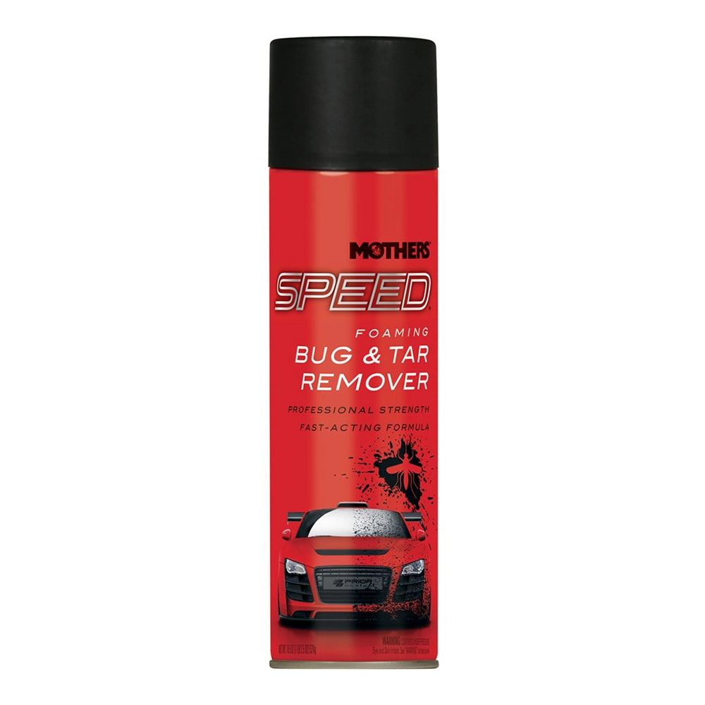 A can of Mothers Speed Foaming Bug & Tar Remover Aerosol with a red color scheme and an image of a car on the label.