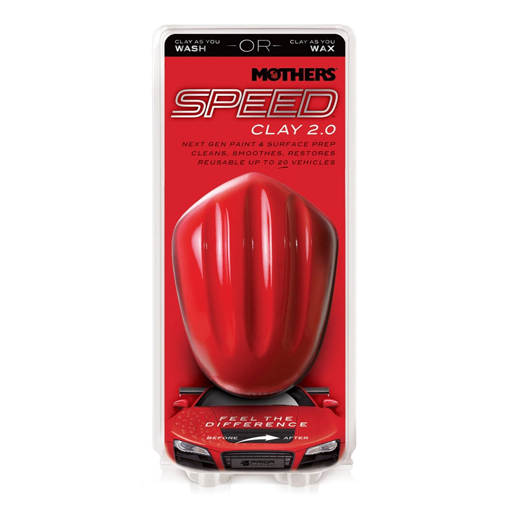 Red car-shaped clay bar with 'Mothers Speed Clay 2.0' packaging on a white background