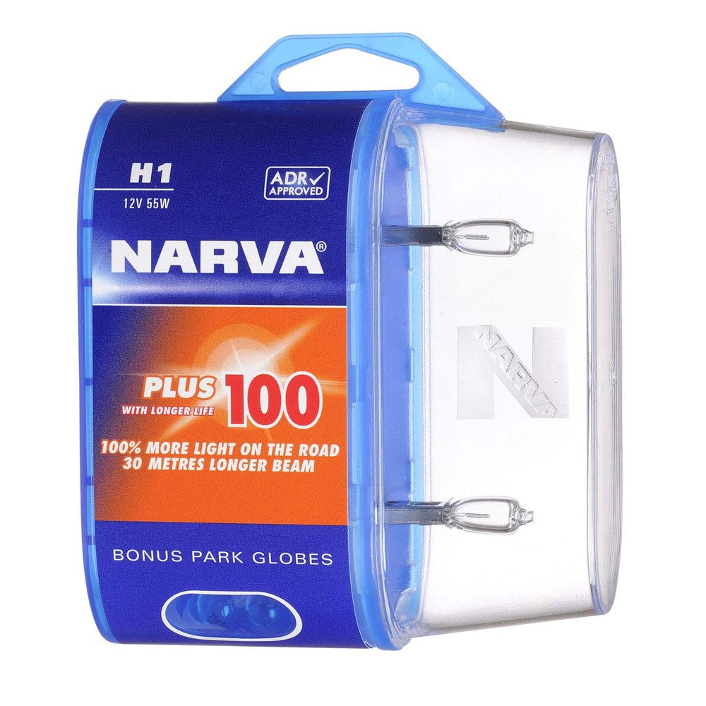 Narva 48334BL2 H1 12V 55W Plus 100 Longer Life Halogen Headlight Globes, Twin Pack