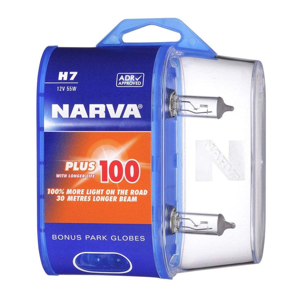 Narva 48339BL2 H7 12V 55W Plus 100 Longer Life Halogen Headlight Globes, Twin Pack