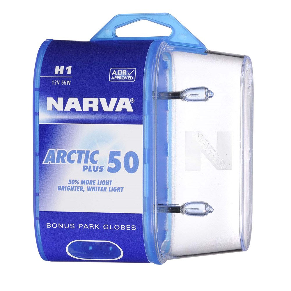Narva 48630BL2 H1 12V 55W Arctic Plus 50 Halogen Headlight Globes, Twin Pack