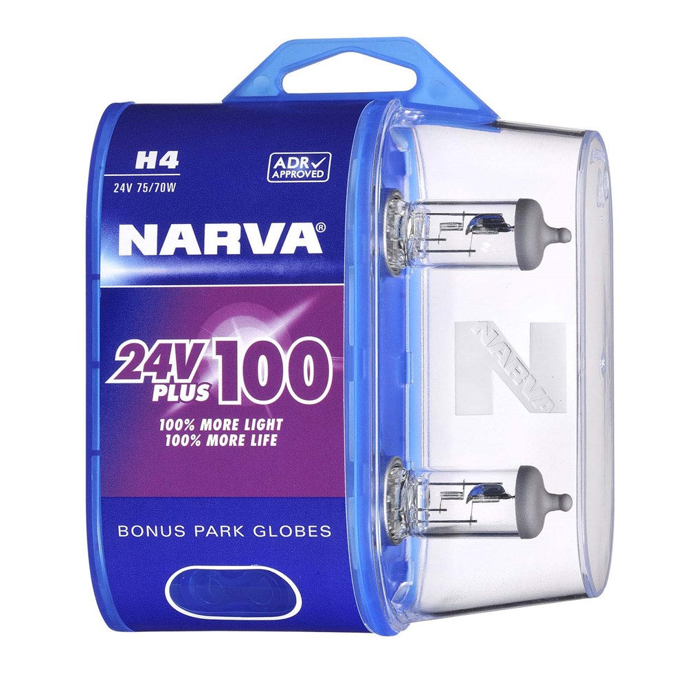 Narva 48874BL2 H4 24V 75/70W Plus 100 Long Life Headlight Globes, Twin Pack