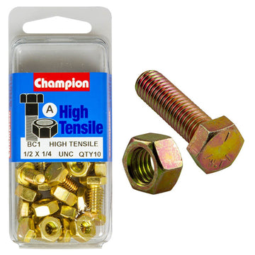 Champion Pack of 10 1/4" x 1/2" UNC High Tensile Grade 5, Zinc Plated Hex Set Screws and Nuts - BC1