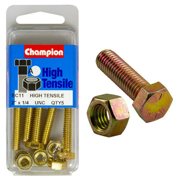Champion Pack of 5 1/4" x 2" UNC High Tensile Grade 5, Zinc Plated Hex Set Screws and Nuts - BC11