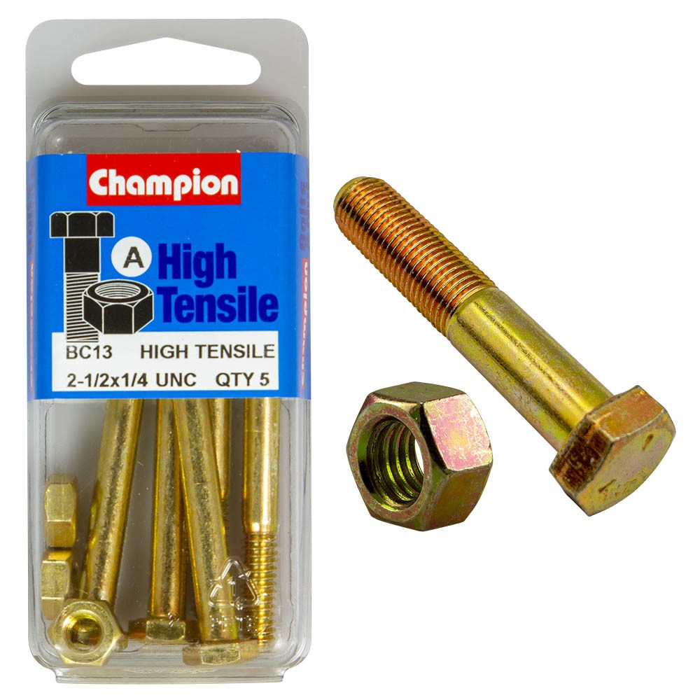 Champion Pack of 5 1/4" x 2-1/2" UNC High Tensile Grade 5, Zinc Plated Hex Bolts and Nuts - BC13