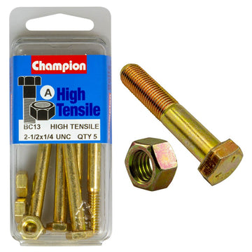 Champion Pack of 5 1/4" x 2-1/2" UNC High Tensile Grade 5, Zinc Plated Hex Bolts and Nuts - BC13