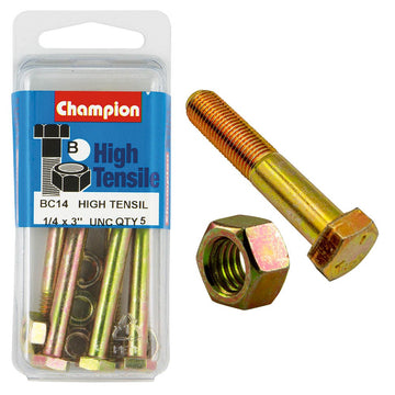 Champion Pack of 5 1/4" x 3" UNC High Tensile Grade 5, Zinc Plated Hex Bolts and Nuts - BC14