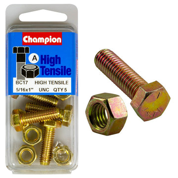 Champion Pack of 5 5/16" x 1" UNC High Tensile Grade 5, Zinc Plated Hex Set Screws and Nuts - BC17