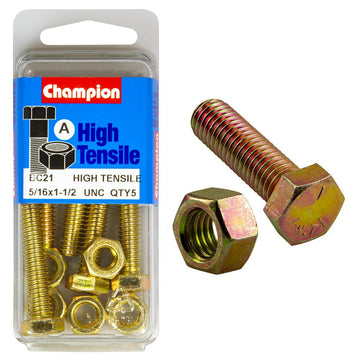 Champion Pack of 5 5/16" x 1-1/2" UNC High Tensile Grade 5, Zinc Plated Hex Set Screws and Nuts - BC21