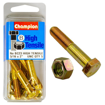 Champion Pack of 5 5/16" x 2" UNC High Tensile Grade 5, Zinc Plated Hex Bolts and Nuts - BC23