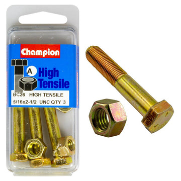 Champion Pack of 3 5/16" x 2-1/2" UNC High Tensile Grade 5, Zinc Plated Hex Bolts and Nuts - BC26