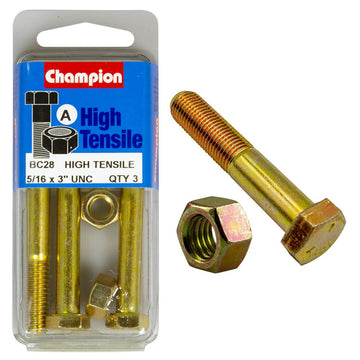 Champion Pack of 3 5/16" x 3" UNC High Tensile Grade 5, Zinc Plated Hex Bolts and Nuts - BC28