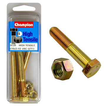 Champion Pack of 3 5/16" x 3-1/2" UNC High Tensile Grade 5, Zinc Plated Hex Bolts and Nuts - BC29