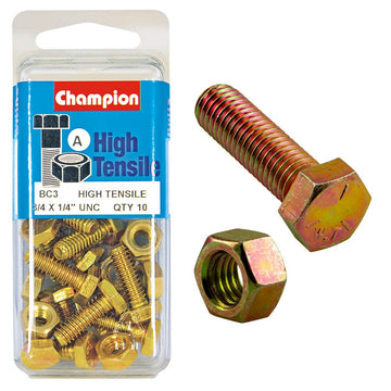 Champion Pack of 10 1/4" x 3/4" UNC High Tensile Grade 5, Zinc Plated Hex Set Screws and Nuts - BC3