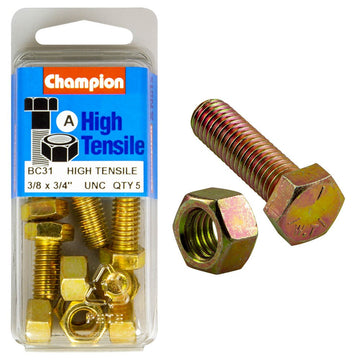 Champion Pack of 5 3/8" x 3/4" UNC High Tensile Grade 5, Zinc Plated Hex Set Screws and Nuts - BC31