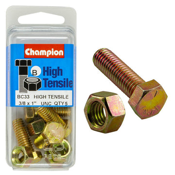 Champion Pack of 5 3/8" x 1" UNC High Tensile Grade 5, Zinc Plated Hex Set Screws and Nuts - BC33