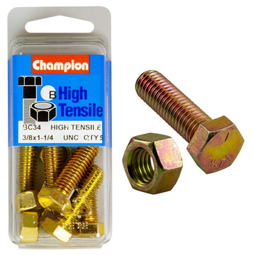Champion Pack of 5 3/8" x 1-1/4" UNC High Tensile Grade 5, Zinc Plated Hex Set Screws and Nuts - BC34
