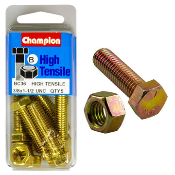 Champion Pack of 5 3/8" x 1-1/2" UNC High Tensile Grade 5, Zinc Plated Hex Set Screws and Nuts - BC36