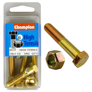 Champion Pack of 5 3/8" x 1-1/2" UNC High Tensile Grade 5, Zinc Plated Hex Bolts and Nuts - BC37
