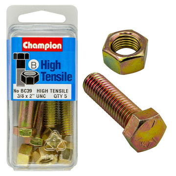 Champion Pack of 5 3/8" x 2" UNC High Tensile Grade 5, Zinc Plated Hex Bolts and Nuts - BC39