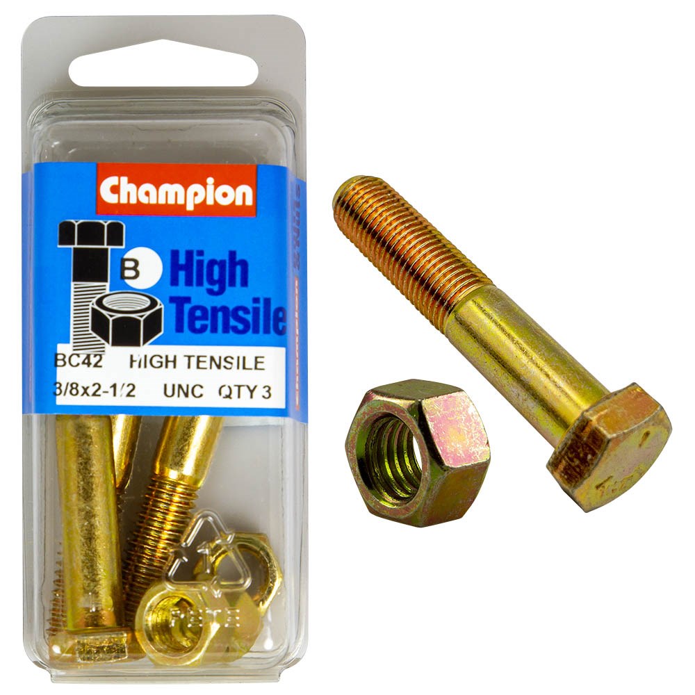 Champion Pack of 3 3/8" x 2-1/2" UNC High Tensile Grade 5, Zinc Plated Hex Bolts and Nuts - BC42