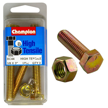 Champion Pack of 3 3/8" x 3" UNC High Tensile Grade 5, Zinc Plated Hex Set Screws and Nuts - BC44