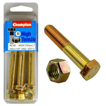 Champion Pack of 3 3/8" x 3-1/2" UNC High Tensile Grade 5, Zinc Plated Hex Bolts and Nuts - BC45
