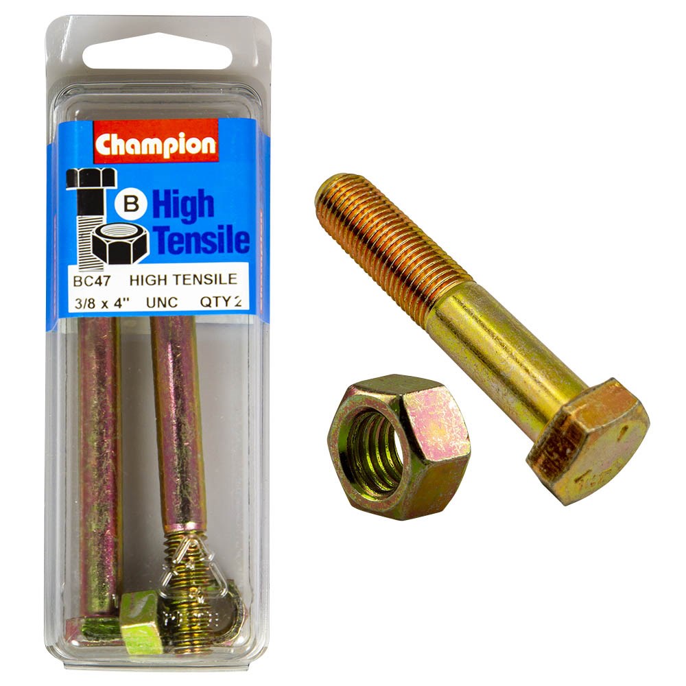 Champion Pack of 2 3/8" x 4" UNC High Tensile Grade 5, Zinc Plated Hex Bolts and Nuts - BC47