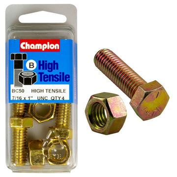 Champion Pack of 4 7/16" x 1" UNC High Tensile Grade 5, Zinc Plated Hex Set Screws and Nuts - BC50