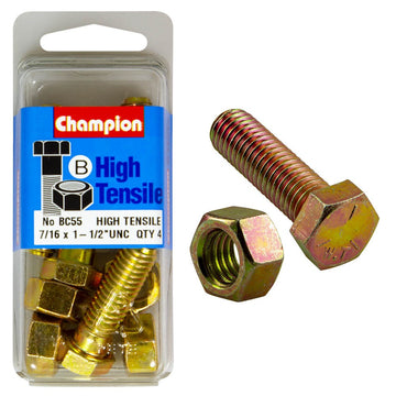 Champion Pack of 4 7/16" x 1-1/2" UNC High Tensile Grade 5, Zinc Plated Hex Bolts and Nuts - BC55