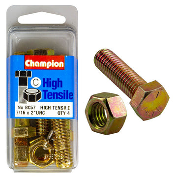 Champion Pack of 4 7/16" x 2" UNC High Tensile Grade 5, Zinc Plated Hex Bolts and Nuts - BC57