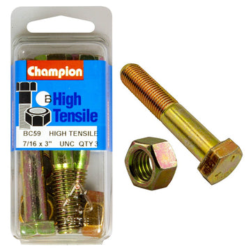 Champion Pack of 3 7/16" x 3" UNC High Tensile Grade 5, Zinc Plated Hex Bolts and Nuts - BC59