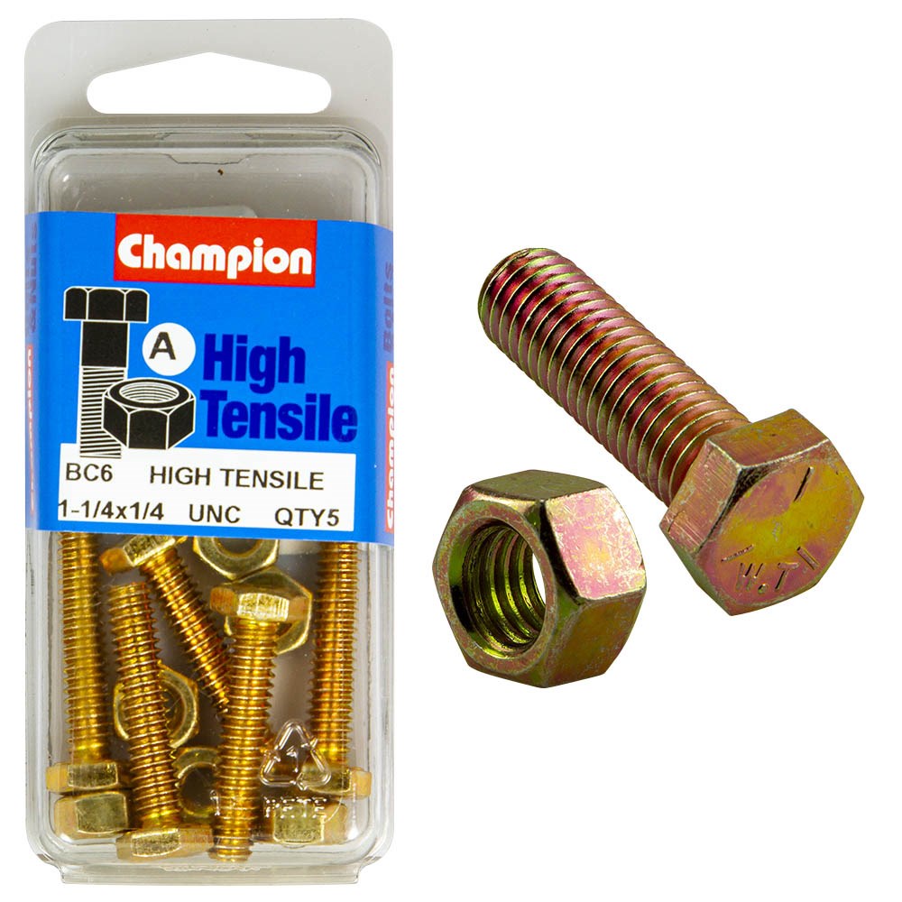 Champion Pack of 5 1/4" x 1/2" UNC High Tensile Grade 5, Zinc Plated Hex Set Screws and Nuts - BC6
