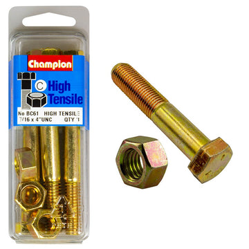 Champion Pack of 3 7/16" x 4" UNC High Tensile Grade 5, Zinc Plated Hex Bolts and Nuts - BC61