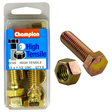 Champion Pack of 4 1/2" x 1-1/2" UNC High Tensile Grade 5, Zinc Plated Hex Bolts and Nuts - BC65