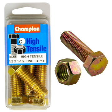 Champion Pack of 4 1/2" x 1-1/2" UNC High Tensile Grade 5, Zinc Plated Hex Set Screws and Nuts - BC66