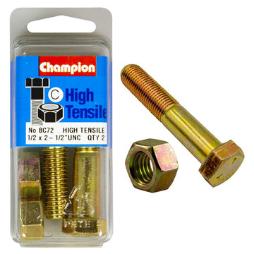 Champion Pack of 2 1/2" x 2-1/2" UNC High Tensile Grade 5, Zinc Plated Hex Bolts and Nuts - BC72