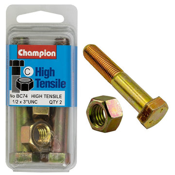 Champion Pack of 2 1/2" x 3" UNC High Tensile Grade 5, Zinc Plated Hex Bolts and Nuts - BC74