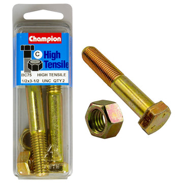 Champion Pack of 2 1/2" x 3-1/2" UNC High Tensile Grade 5, Zinc Plated Hex Bolts and Nuts - BC75