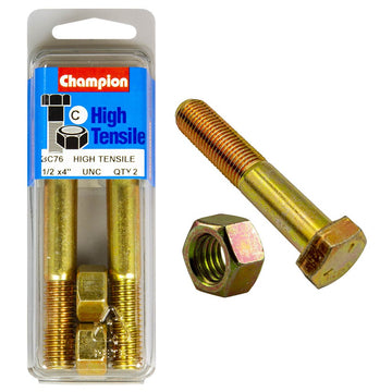 Champion Pack of 2 1/2" x 4" UNC High Tensile Grade 5, Zinc Plated Hex Bolts and Nuts - BC76
