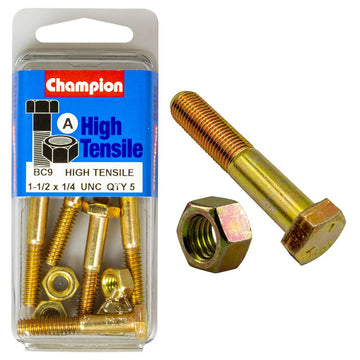 Champion Pack of 5 1/4" x 1/2" UNC High Tensile Grade 5, Zinc Plated Hex Bolts and Nuts - BC9