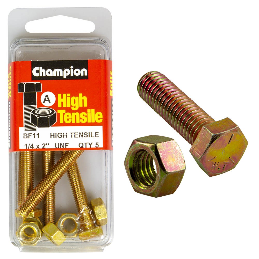 Champion Pack of 5 1/4" x 2" UNF High Tensile Grade 5, Zinc Plated Hex Set Screws and Nuts - BF11