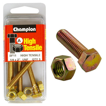 Champion Pack of 5 1/4" x 2" UNF High Tensile Grade 5, Zinc Plated Hex Set Screws and Nuts - BF11