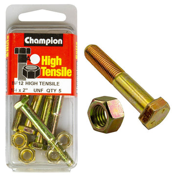 Champion Pack of 5 1/4" x 2" UNF High Tensile Grade 5, Zinc Plated Hex Bolts and Nuts - BF12