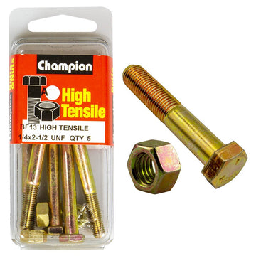 Champion Pack of 5 1/4" x 2-1/2" UNF High Tensile Grade 5, Zinc Plated Hex Bolts and Nuts - BF13